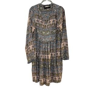 Sunner Dress Womens L 100% Silk Paisley Boho Tunic Pockets Festival Tie Floral